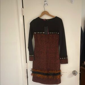 Chic Black and Brown Dress with Feather Detail